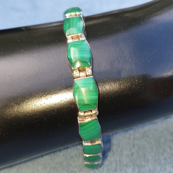 Beautiful Vintage Taxco Mexico 950 Solid Silver Natural Malachite Link Bracelet - Picture 12 of 12